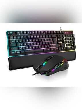 RedThunder K10 Wired Gaming Keyboard & Mouse Combo with Wrist Rest – Black